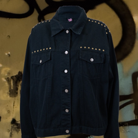 Hear Me Roar Black Studded Upcycled Denim Jacket