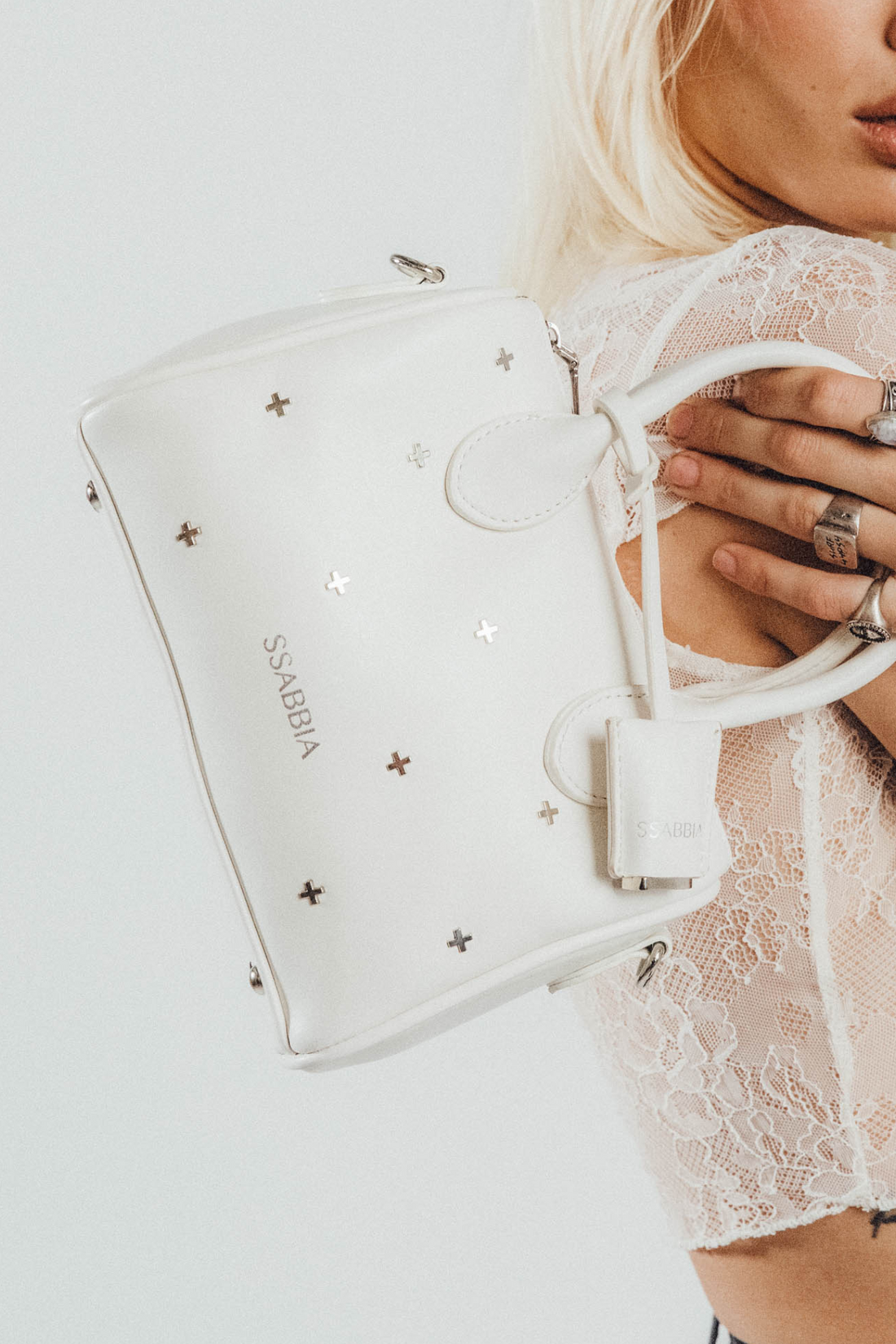 The Deja Vu SSABBIA Studded White Handbag