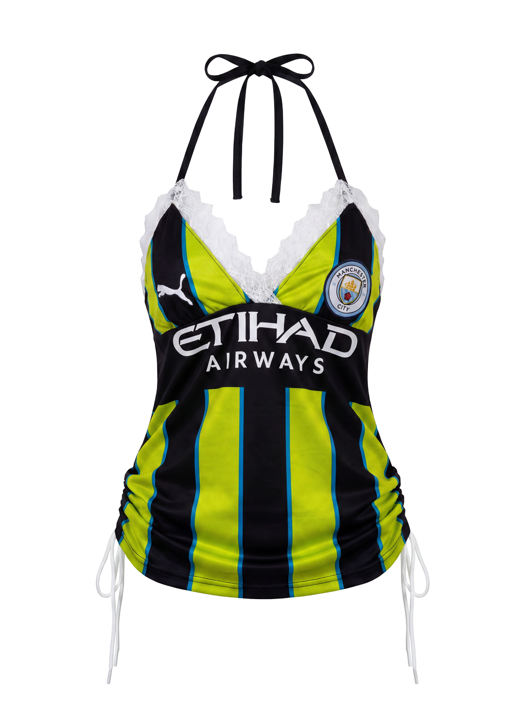 Football Halter Neck tops/ Mini Dress-Manchester City F.C. (black Neon Stripes)