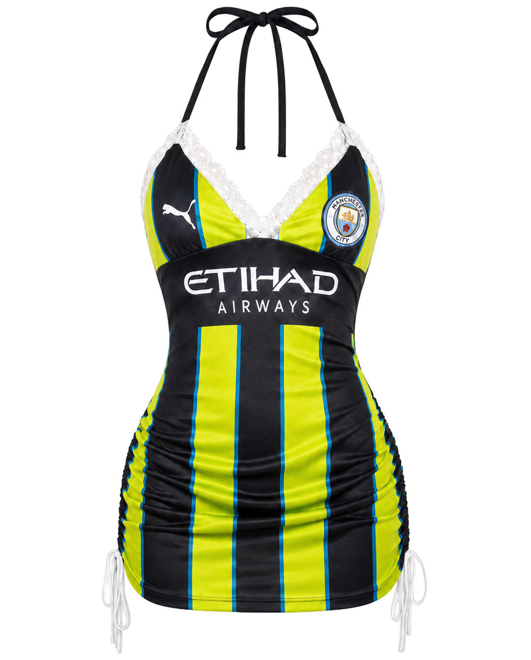 Football Halter Neck tops/ Mini Dress-Manchester City F.C. (black Neon Stripes)