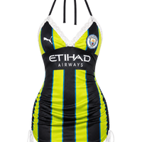 Football Halter Neck tops/ Mini Dress-Manchester City F.C. (black Neon Stripes)