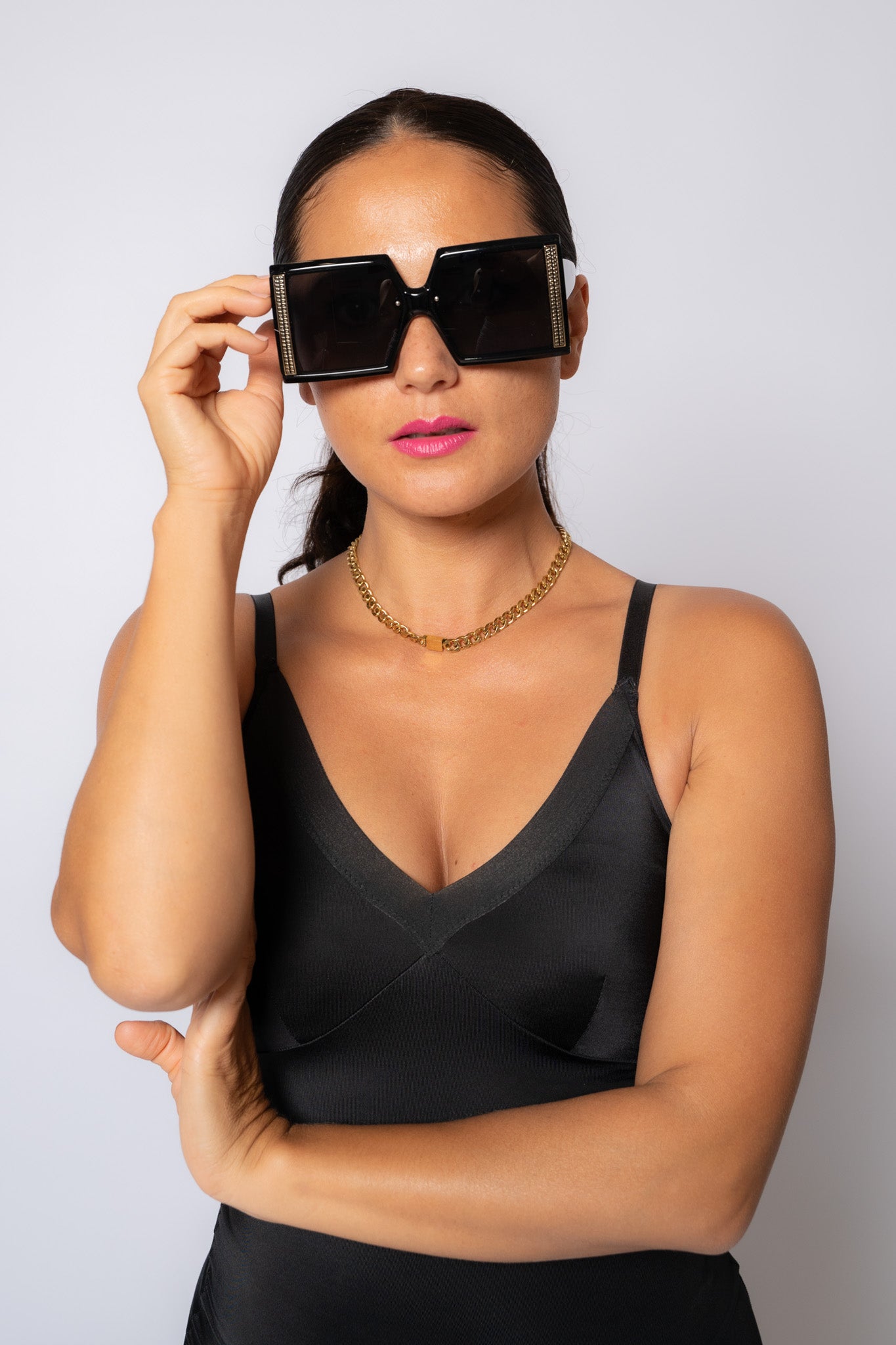 Black & Gold Oversized Square Frame Sunglasses