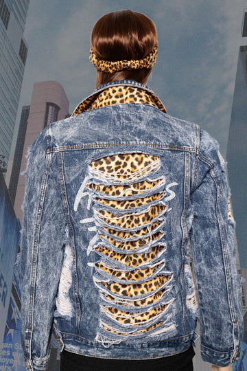 Leopard Print Distressed Upcycled Denim Jacket