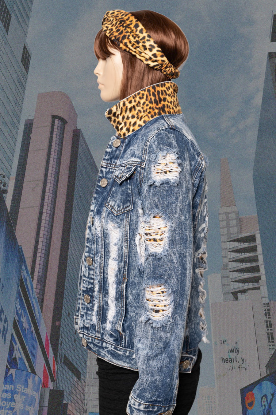 Leopard Print Distressed Upcycled Denim Jacket