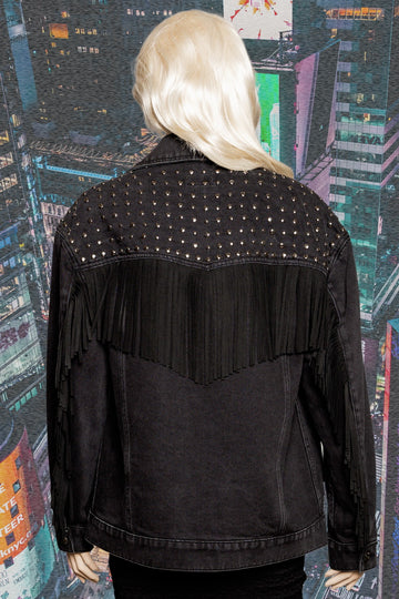 Folk Studded Fringed Upcycled Black Denim Jacket