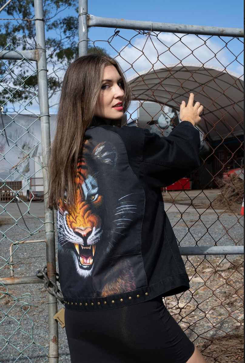 Hear Me Roar Black Studded Upcycled Denim Jacket