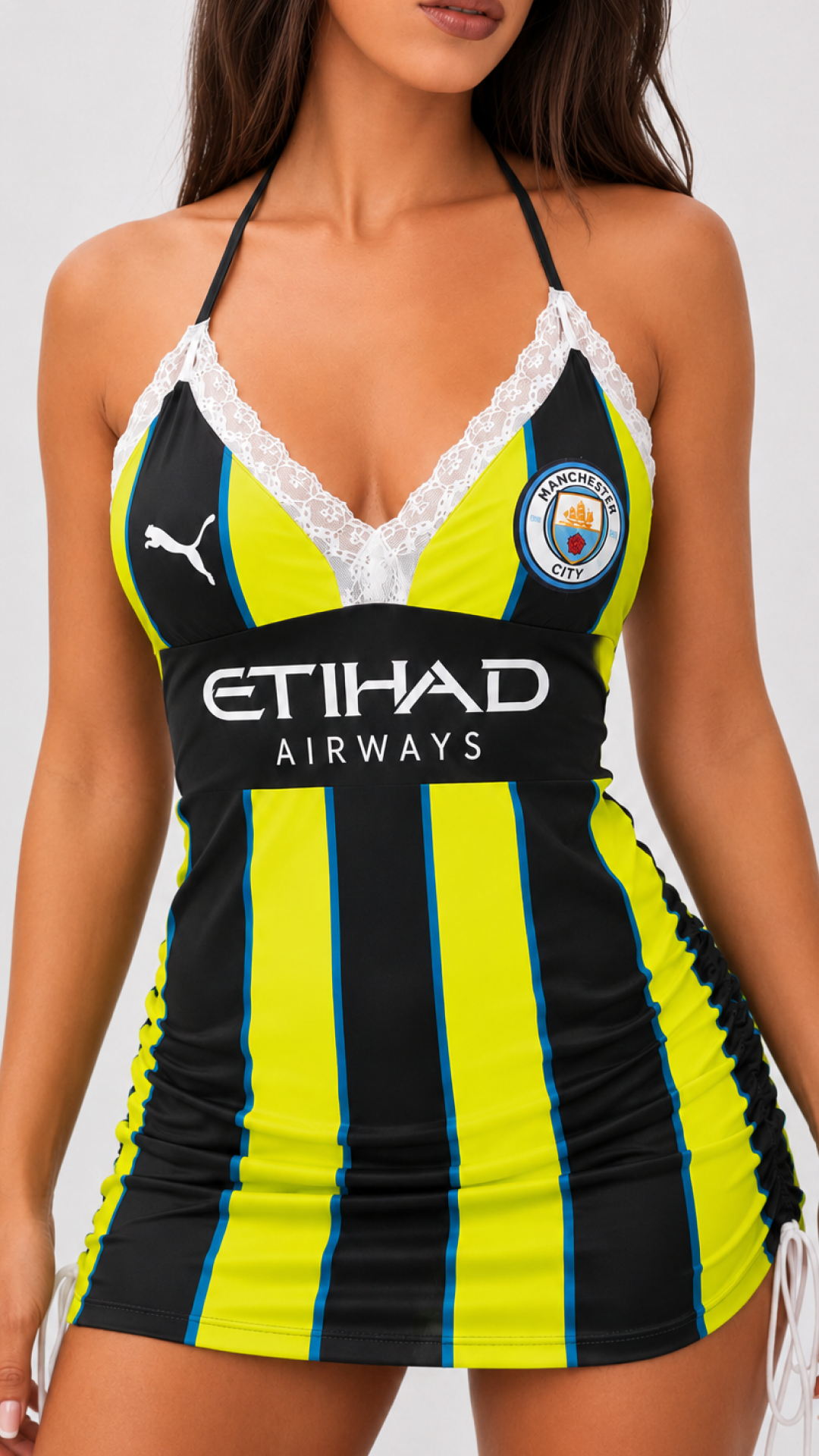 Football Halter Neck tops/ Mini Dress-Manchester City F.C. (black Neon Stripes)