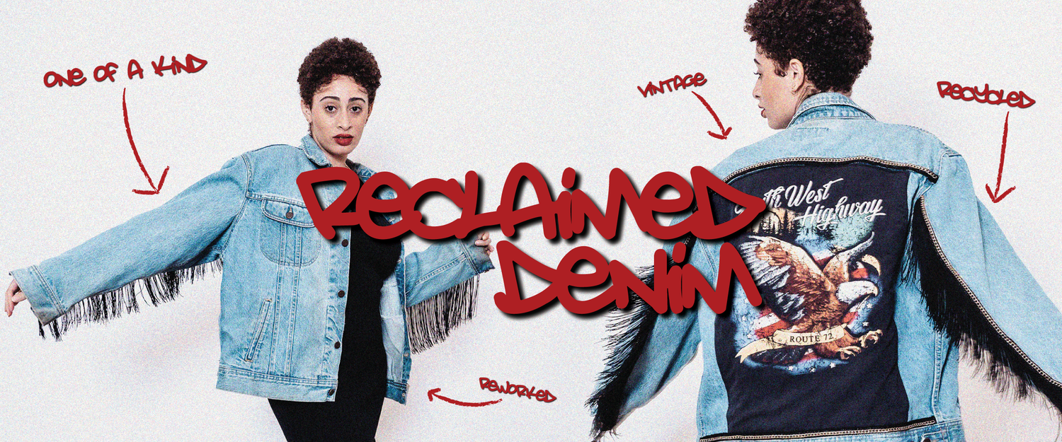 redclaimed denim banner image featuring a woman in a one off denim jacket